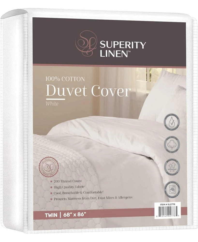 100% Premium Cotton Duvet Cover - Soft, Comfortable, and Allergy Free - 200 Thread Count - Twin Size (68 X 86)