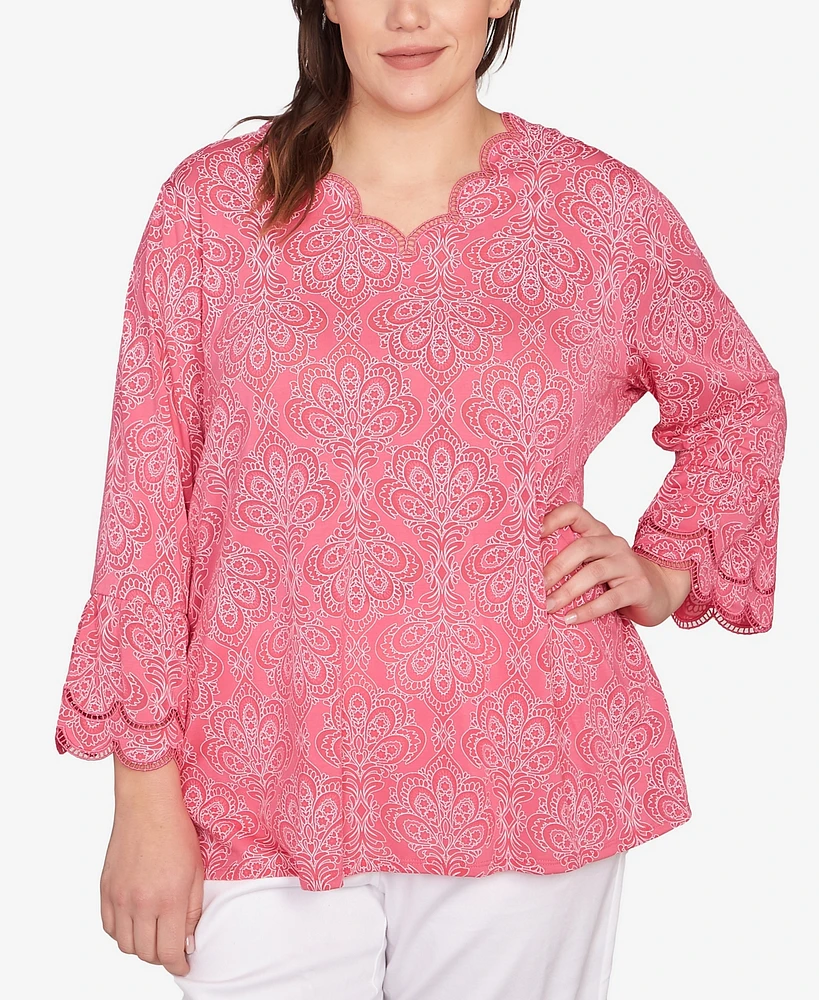 Ruby Rd. Plus Print Solid Burnout Top