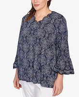 Ruby Rd. Plus Size Print Solid Burnout Top