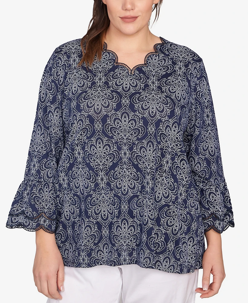 Ruby Rd. Plus Size Print Solid Burnout Top