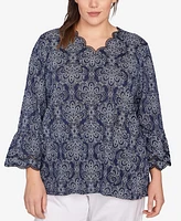 Ruby Rd. Plus Size Print Solid Burnout Top