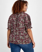 Jones New York Plus Printed Tie-Neck Short-Puff-Sleeve Blouse