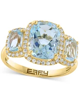 Effy Sky Blue Topaz (4-1/4 ct. t.w.) & Diamond (1/4 ct. t.w.) Three Stone Halo Ring in 14k Gold