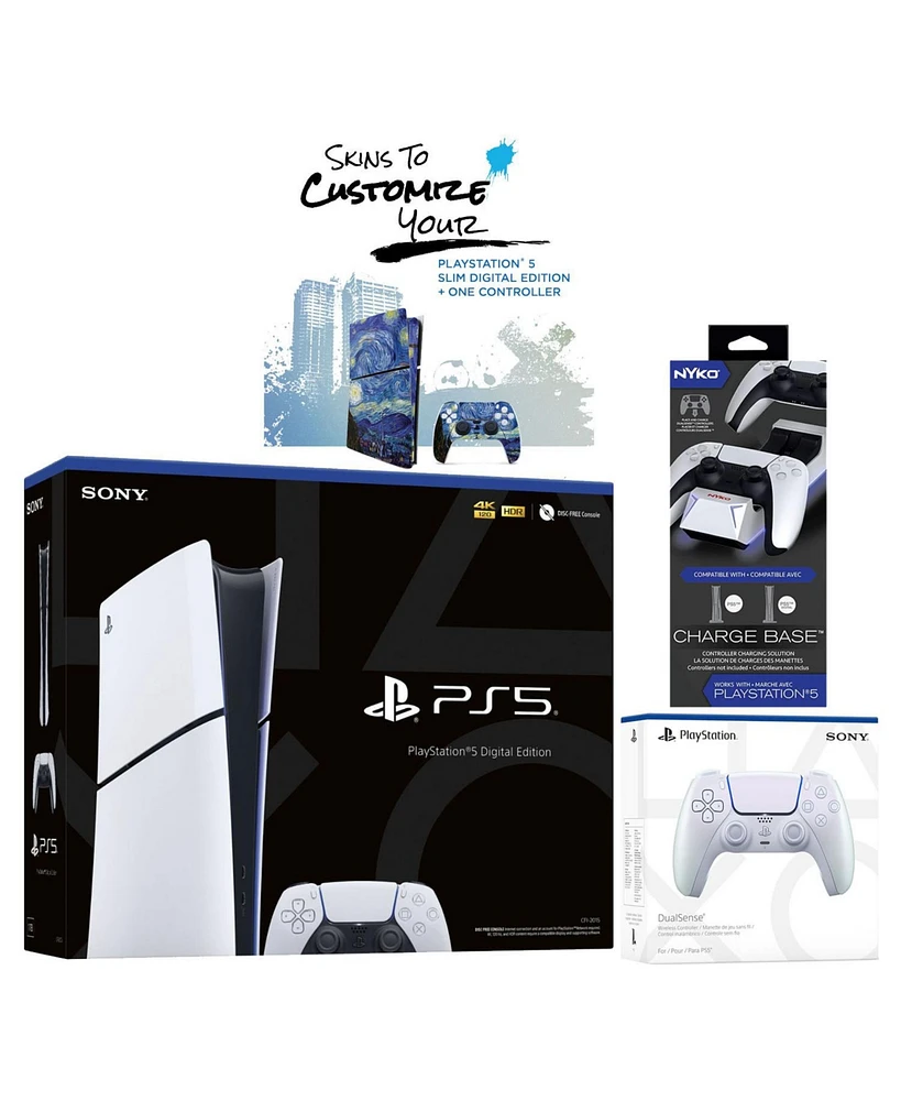 Sony PlayStation 5 Slim Digital PS5 with Extra Starlight Blue Controller, Dual Charging Dock and MightySkins Voucher Bundle