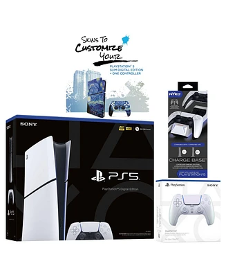 Sony PlayStation 5 Slim Digital PS5 with Extra Starlight Blue Controller, Dual Charging Dock and MightySkins Voucher Bundle