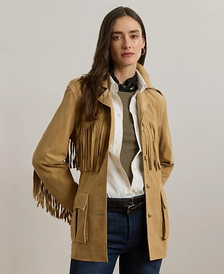 Lauren Ralph Women's Fringe-Trim Belted Goat-Suede Jacket