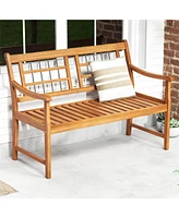 Outdoor Acacia Wood Bench 2-Person Patio Bench with Slatted Seat & Backrest