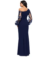 Betsy & Adam Women's Asymmetric-Neck Lace-Sleeve Gown