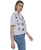 Karl Lagerfeld Paris Women's Cotton Embroidered Camp Shirt