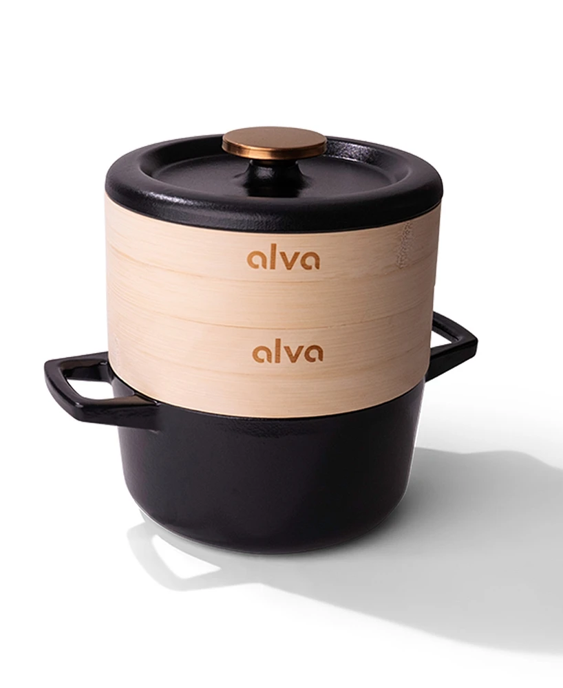 Alva Nori 2.5 Qt. Enameled Cast Iron Cocotte Dutch Oven Steamer Pot with Lid, Steamer Inserts, Non-Toxic Pfas, Pfoa & Ptfe Free, Heavy-Duty Oven Safe