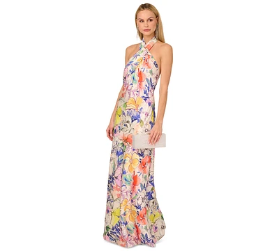 Adrianna by Papell Women's Printed Crossover-Neck Satin Gown