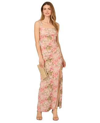 Adrianna Papell Women's Jacquard High-Slit Column Gown