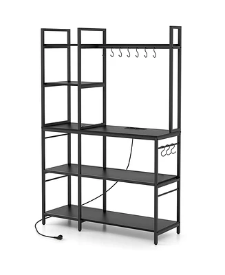 5-Tier Bakers Rack with Power Outlets and 10 S-Shaped Hooks – Multi-Functional Kitchen Storage Electrical Access
