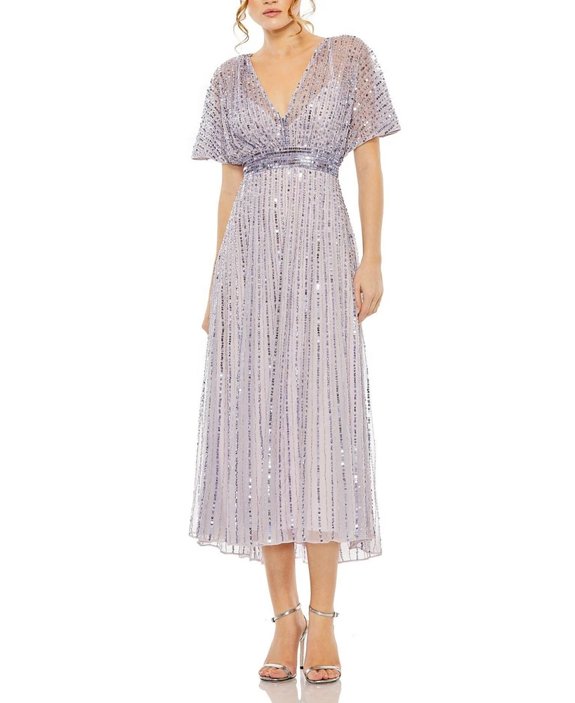 Mac Duggal Women's A Line Embellished Short Sleeve Dress
