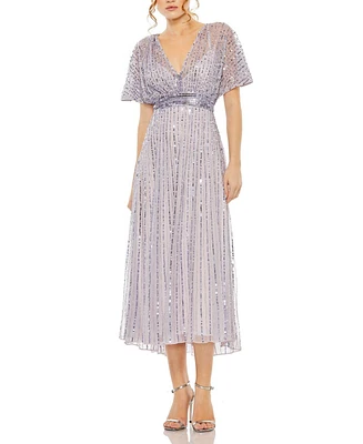 Mac Duggal Women's A Line Embellished Short Sleeve Dress