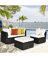 4PCS Patio Rattan Wicker Sofa Furniture Set Cushioned Conversation Ottoman Set