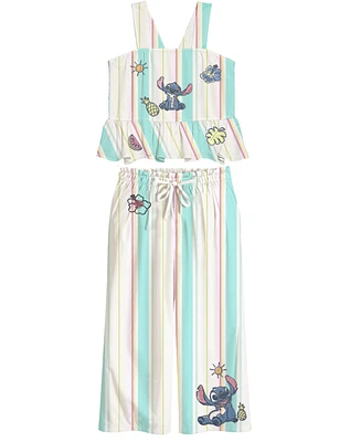 Disney Toddler and Little Girls 2-Piece Stitch Embroidered Stripe Linen Top Pant Set