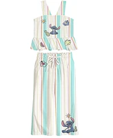 Disney Toddler and Little Girls 2-Piece Stitch Embroidered Stripe Linen Top Pant Set