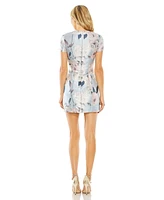 Mac Duggal Women's Short Sleeve Fitted Floral Mini Dress