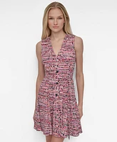 Dkny Women's Printed V-Neck Button-Front Belted Dress