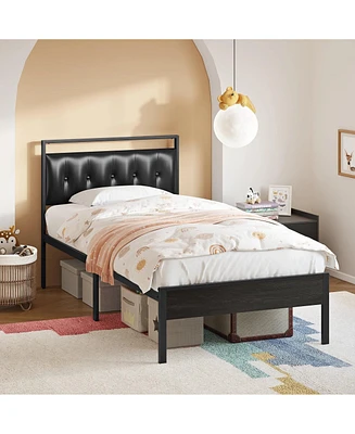Hausource Twin Size Upholstered Bed Frame with Pu Leather Headboard