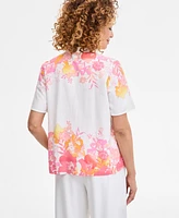 Jm Collection Women's Printed Linen Blend Split-Neck Top, Exclusively at Macy's