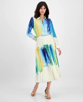 T Tahari Women's Brushstroke-Print Pleated Midi Skirt