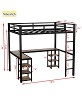 Full Metal Loft Bed with Desk and Shelves, Loft Bed with Ladder and Guardrails, Loft Bed Frame for Bedroom