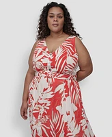 Dkny Plus Printed V-Neck Belted Sleeveless Dress