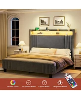 Hausource King Size Upholstered Bed Frame with Velvet Storage Headboard Platform Bed