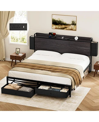 Hausource King Size Bed Frame with Storage Headboard No Box Spring Needed