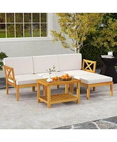 5 Pcs Acacia Wood Patio Furniture Set with 2-Tier Coffee Table and Cushions