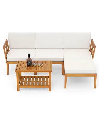 5 Pcs Acacia Wood Patio Furniture Set with 2-Tier Coffee Table and Cushions