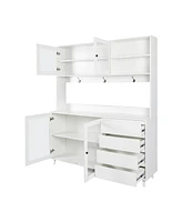 Large White Kitchen Hutch with Microwave Shelf