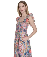 Vince Camuto Women's Printed Square-Neck Ruffle-Strap Dress
