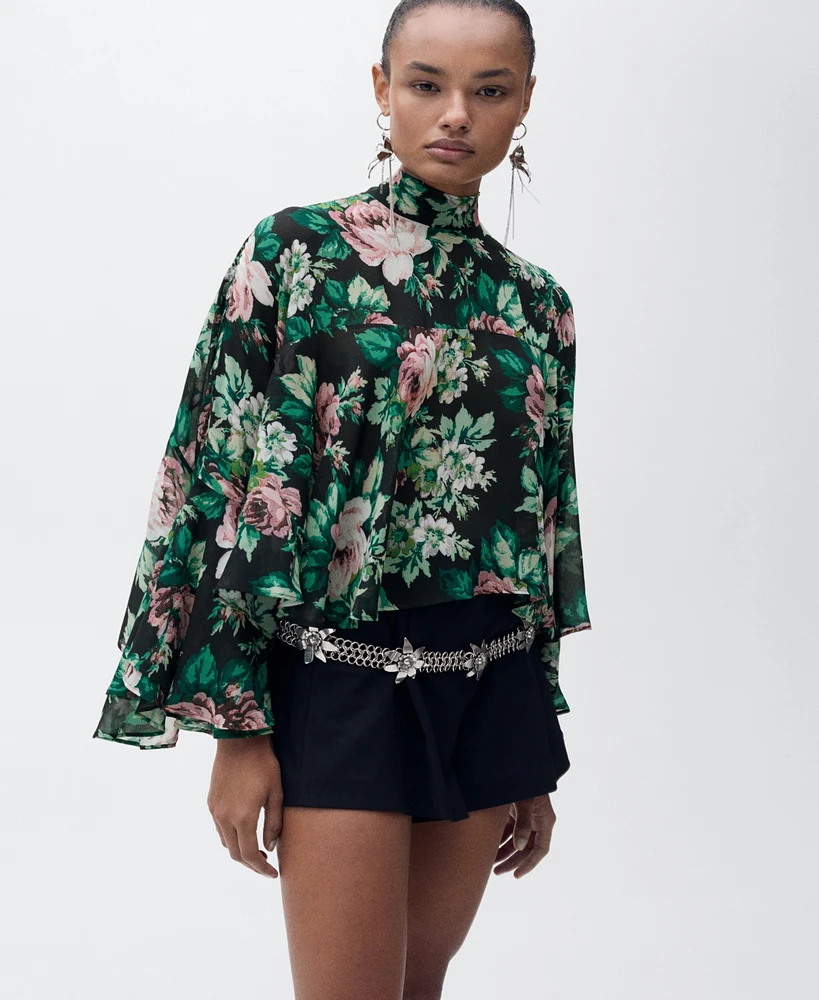 Mango Women's Floral-Print Turtleneck Blouse