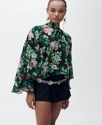 Mango Women's Floral-Print Turtleneck Blouse