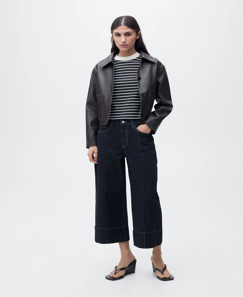 Mango Women's Seam Detail Wide Leg Cropped Jeans