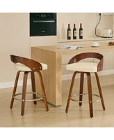 Set of 2 Swivel Bar Stools with Low Back 25 Inch Seat Height Wood Chairs Cushioned and Footrest for Kitchen Island or Dining Room-The Po