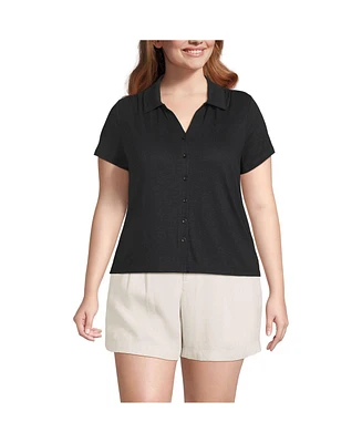 Lands' End Plus Linen Blend Short Sleeve Button Front Polo Top