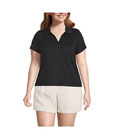 Lands' End Plus Linen Blend Short Sleeve Button Front Polo Top
