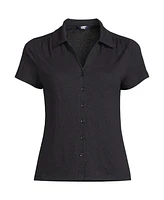 Lands' End Women's Tall Linen Blend Short Sleeve Button Front Polo Top