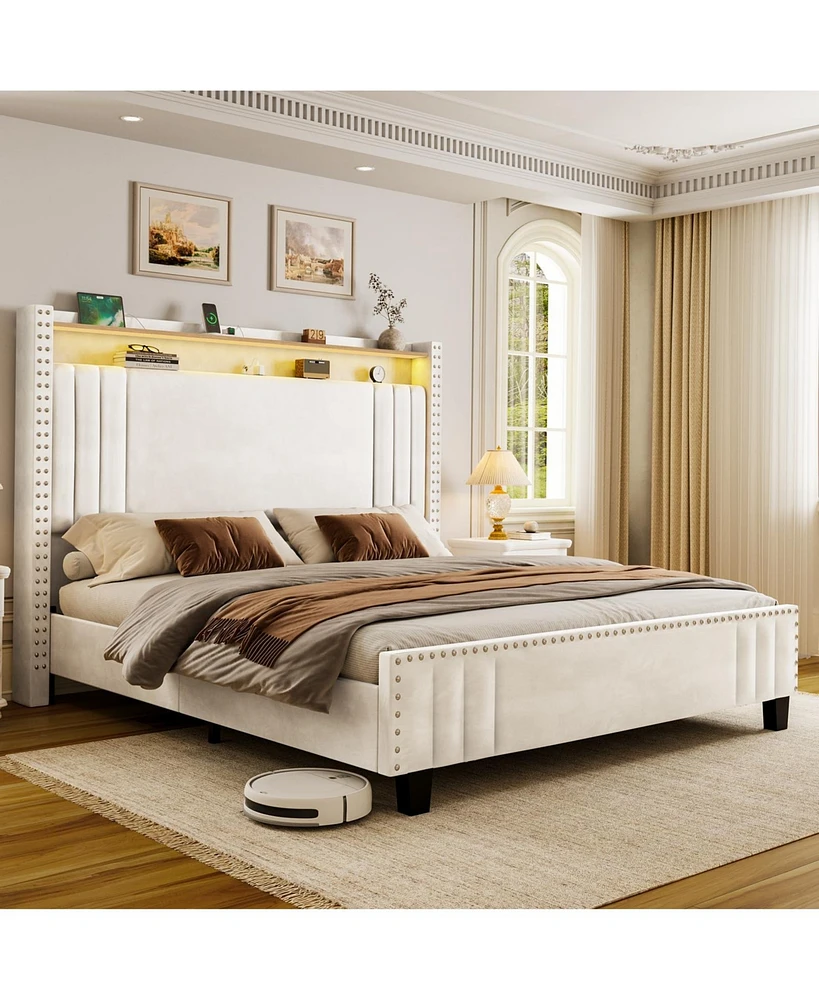 Hausource King Size Bed Frame: Upholstered Headboard, Led Charging Station, Velvet