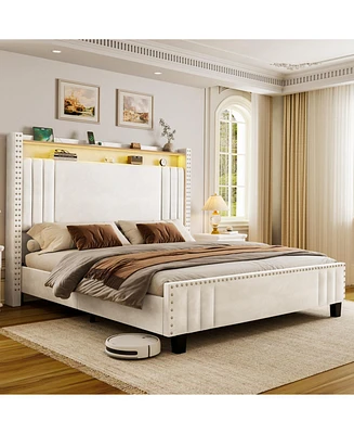 Hausource King Size Bed Frame: Upholstered Headboard, Led Charging Station, Velvet