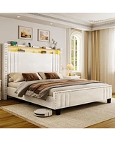 Hausource King Size Bed Frame: Upholstered Headboard, Led Charging Station, Velvet