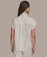 Donna Karan New York Women's Short Sleeve Linen-Blend Collared Shirt