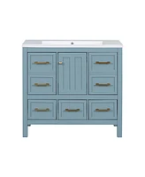 36" Freestanding Vanity Set with Resin Sink: Solid Wood Frame, 5 Drawers, and Soft-Close Doors