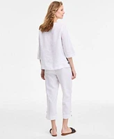 Charter Club Womens Palm Applique 100 Linen Top Woven Applique 100 Linen Pull On Cropped Pants Exclusively At Macys
