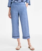 Charter Club Women's Embroidered-Cuff 100% Linen Woven Cropped Pants, Exclusively at Macy's