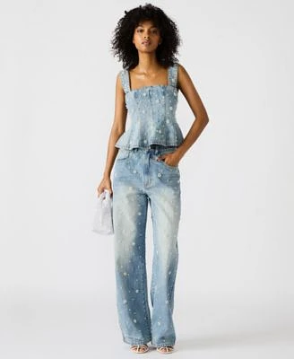 Steve Madden Womens Embellished Denim Fiorella Peplum Top Fianna Barrel Leg Jeans